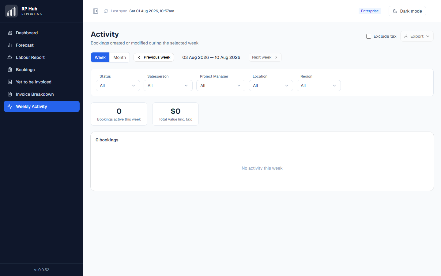 The Weekly Activity report showing new bookings, changes and cancellations week by week